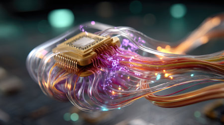 This vibrant image showcases a futuristic microprocessor surrounded by colorful wires, representing the rapid evolution of technology and innovation.の素材