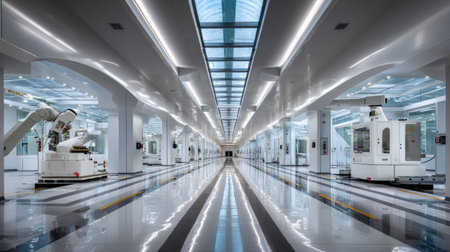 A spacious modern industrial facility showcasing advanced robotic arms and machinery, designed for efficiency and precision in manufacturing processes.の素材