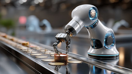 A sleek robotic arm is meticulously handling objects on a conveyor belt, showcasing the integration of advanced automation technology in modern industrial processes.の素材