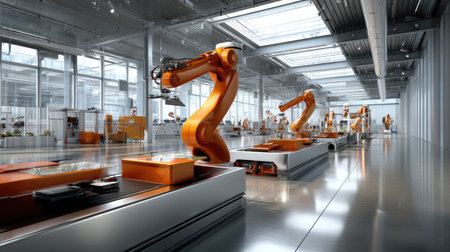 This image showcases a modern manufacturing facility featuring advanced robotic arms. Bright lighting highlights sleek designs and efficient workflows in industrial automation.の素材