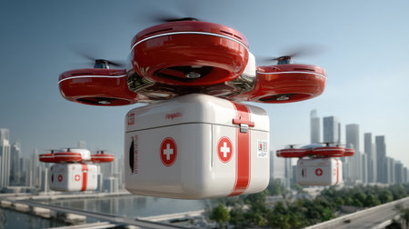 A sleek rescue drone hovers in an urban environment, ready to deliver vital medical supplies. Its design features a red and white color scheme, symbolizing emergency services, while the city skyline provides a dynamic backdrop illustrating the integration of technology in healthcare logistics.の素材