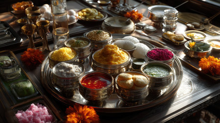 A beautifully arranged platter showcasing an array of traditional Indian sweets and snacks, perfect for festive celebrations. The vibrant colors and intricate details highlight the rich culinary heritage and joyful spirit of cultural gatherings.の素材