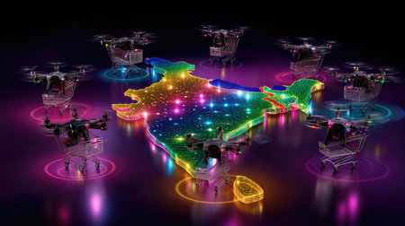A vibrant digital illustration featuring drones delivering shopping carts over a colorful illuminated map of India, symbolizing innovation in logistics and commerce.の素材