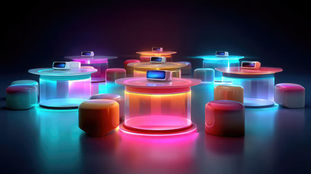 This image showcases a futuristic lounge setting featuring illuminated tables and colorful seating, creating a vibrant and stylish atmosphere for relaxation and gatherings.の素材