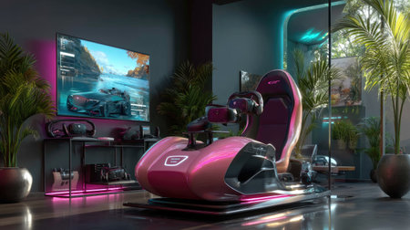 A sleek gaming setup showcasing a sophisticated racing simulator chair, vibrant neon lighting, and a large wall-mounted TV for an immersive gaming experience.の素材