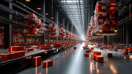 A spacious warehouse featuring suspended storage units and an automated conveyor system illustrates a modern approach to logistics and efficient supply chain management.の素材