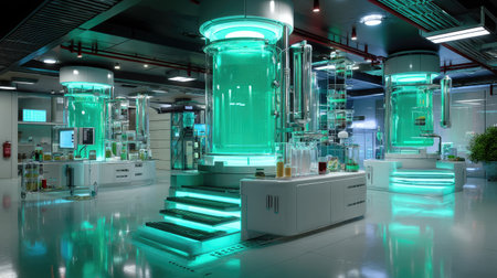 A modern science laboratory showcases advanced equipment and neon lighting, emphasizing a high-tech, innovative research environment filled with glass apparatus.の素材