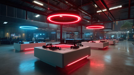 A vibrant gaming arena featuring neon lights and a modern setup designed for virtual reality experiences. This space encourages social interaction and entertainment.の素材