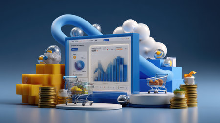 This vibrant digital scene showcases various business elements such as growth charts and shopping carts, representing online commerce and data analytics.の素材