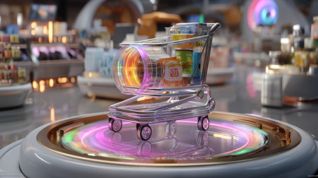 A visually striking image of a shopping cart featuring vibrant grocery items in a futuristic supermarket setting, emphasizing modern retail aesthetics.の素材