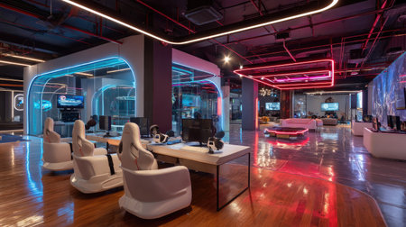 Explore a vibrant and modern gaming lounge featuring sleek design elements, neon lights, and comfortable seating, perfect for esports events and relaxation.の素材