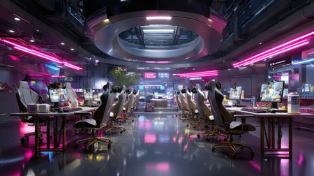 A modern gaming room featuring sleek chairs, multiple computer screens, and vibrant neon lights creates an energetic atmosphere for gamers and enthusiasts.の素材