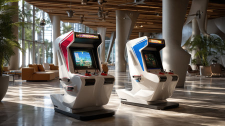 Two retro arcade game machines stand in a bright, modern interior space, offering a nostalgic gaming experience. The vibrant colors invite players of all ages.の素材