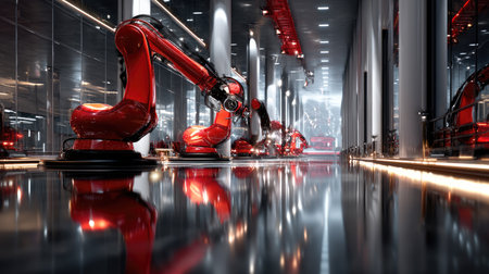 This image showcases advanced robotic arms in a modern manufacturing facility, highlighting the integration of automation and technology in production.の素材