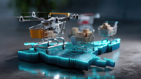 This captivating image illustrates a drone delivering packages in a digitally rendered shopping cart on a world map backdrop. It symbolizes the future of e-commerce.の素材