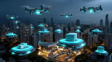 A captivating view of a futuristic cityscape at night, showcasing drones equipped with glowing lights hovering over modern buildings and neon-lit streets.の素材