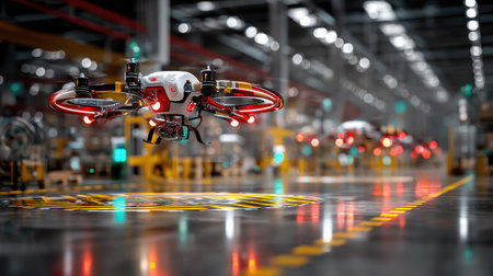 A detailed view of an advanced drone hovering in an industrial warehouse, showcasing high-tech equipment and a reflective floor, emphasizing innovation and automation.の素材