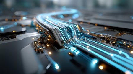 This futuristic circuit board design showcases flowing light effects that represent digital data transmission, highlighting innovation in technology.の素材