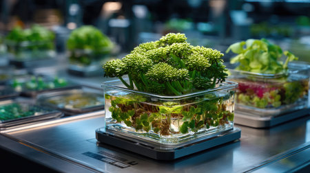 A vibrant collection of fresh green culinary herbs growing in hydroponic clear glass containers, illuminated by soft artificial lighting, showcasing modern indoor gardening.の素材