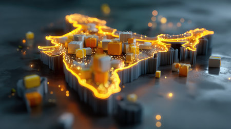 A creative 3D representation of India, highlighting logistics and delivery services with illuminated package icons, showcasing modern transportation themes.の素材