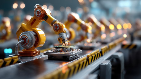 This high-quality image showcases advanced robotic arms engaged in the precision assembly of semiconductor chips within a modern manufacturing environment, highlighting the blend of technology and automation.の素材
