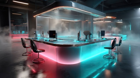 This image showcases a modern office interior featuring a sleek design with neon lighting. The futuristic workspace reflects innovation and creativity.の素材