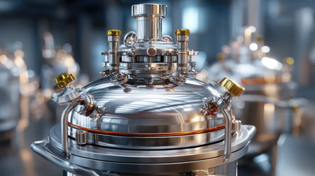 A close-up view of high-precision industrial equipment featuring a shiny metal surface, detailed design elements, and a modern laboratory setting that showcases advanced technology.の素材