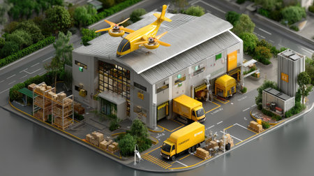 A modern delivery hub showcasing advanced drone technology alongside transport vehicles in an urban landscape, highlighting efficiency and innovation in logistics.の素材