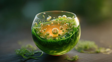 A stunning abstract image featuring vibrant green algae and floating bubbles in a clear glass container, set against a soft wooden background.の素材