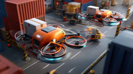 This vibrant stock photo shows modern delivery drones transporting packages above a bustling warehouse, surrounded by cargo containers and vehicles.の素材