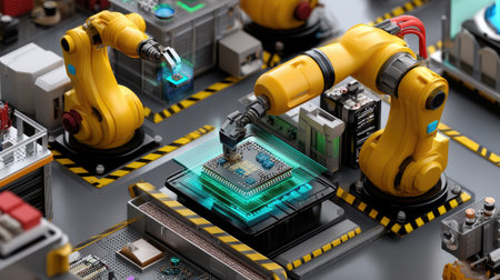 This image showcases advanced robotics in a modern manufacturing setting, featuring robotic arms meticulously assembling microchips on a high-tech factory floor.の素材