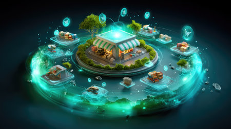 This striking image depicts a digital marketplace with a virtual storefront, showcasing innovative shopping elements and a futuristic design, emphasizing e-commerce growth.の素材