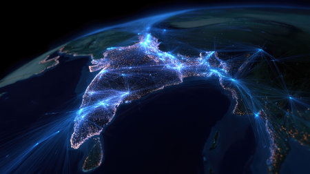 This stunning visualization captures a detailed illuminated map of India, showcasing the complex network connections and technological integration across the country.の素材