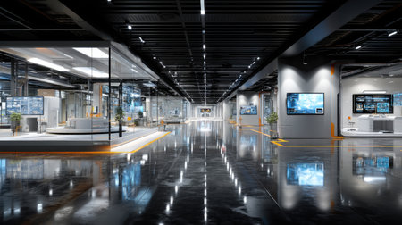 A spacious and sleek modern exhibition hall featuring digital displays and advanced lighting. Ideal for showcasing technology innovations and professional events.の素材