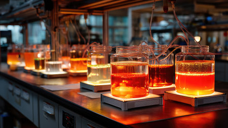 This image showcases a vibrant array of colorful liquid solutions in glass jars, set up in a modern laboratory environment. The bright hues create an appealing visual that highlights the essence of scientific experimentation and exploration.の素材