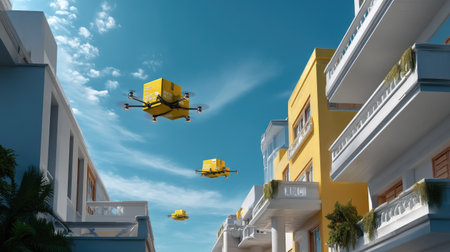 A vibrant representation of modern delivery drones flying over urban residential buildings, showcasing technological advancements in logistics and convenience.の素材