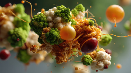 This vibrant, abstract illustration features microbial life forms and organic structures, showcasing a dynamic composition that emphasizes color and detail.の素材