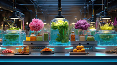 A stunning laboratory scene displaying colorful plants and ingredients in glass jars, illuminated by bright lights, blending science and aesthetics beautifully.の素材