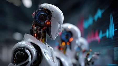 This image features advanced humanoid robots engaging in data analysis within a high-tech setting, surrounded by vibrant visualizations and digital interfaces.の素材
