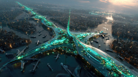 Captivating aerial view showcasing a vibrant and futuristic city with glowing waterways and advanced transportation networks, capturing the essence of urban innovation.の素材