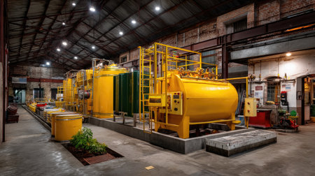This image showcases a modern industrial facility featuring bright yellow tanks and equipment within a spacious warehouse setting, highlighting advanced manufacturing technology.の素材