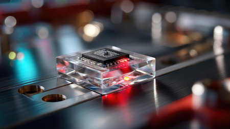 This detailed close-up showcases a transparent microchip resting on a circuit board, illuminated by a glowing red LED light, highlighting advanced technology.の素材