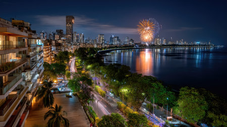 A breathtaking night view showcasing an urban skyline illuminated by vibrant fireworks over calm water. The scene features modern architecture, lush green trees, and peaceful reflections, creating a perfect atmosphere for celebrations.の素材