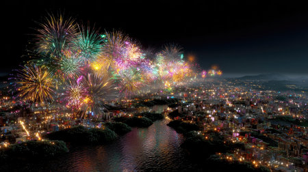 Experience the vibrant energy of a stunning fireworks display illuminating a bustling city skyline at night, with colorful sparks reflecting on serene waters.の素材