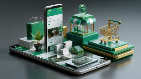 A captivating display depicts a smartphone showcasing an e-commerce platform surrounded by green-themed shopping elements, highlighting modern retail trends.の素材