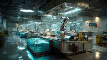 A futuristic robotic laboratory showcasing advanced technology and automated systems. The environment is bright and sterile, emphasizing innovation and scientific research.の素材