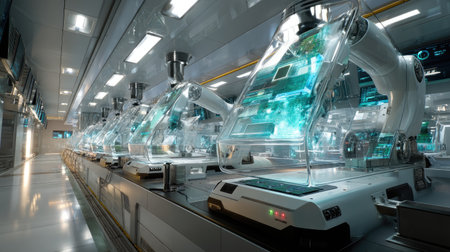 This image features advanced robotic arms in a state-of-the-art manufacturing facility, showcasing the integration of precision automation and modern engineering.の素材