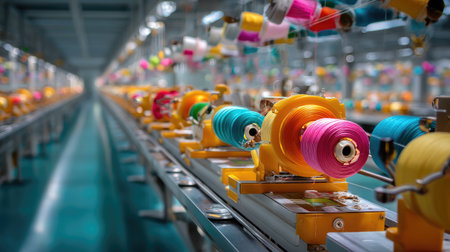 This image captures a vibrant array of colorful spools of thread in a modern textile factory, highlighting the intricate details of production machinery.の素材
