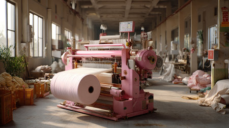 This image showcases a vintage industrial machine used for fabric production, set in a softly lit workshop. The warm tones evoke a sense of nostalgia and history.の素材