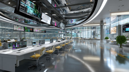 This image features a sleek and modern control room designed for advanced data monitoring and management. The high-tech displays and organized workspace showcase a sophisticated approach to operational efficiency and teamwork.の素材